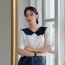 얀새 카라 배색 블라우스