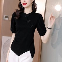 [이꾸띠] 인우리 여름 2040 여성 차이나 카라 무지 밑단 원 발 개성 있는 스타일 2컬러 반팔 블라우스