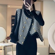 JUSTFEELING 여성 봄 가을 트위드 스트라이프 민소매 라운드 조끼 베스트