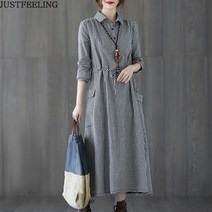 JUSTFEELING 중년여성 가을 빅사이즈 롱 원피스 여성 린넨 셔츠 원피스 캐주얼 빅사이즈