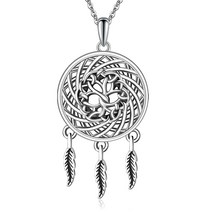 정품 LINGBG JEWELRY 드림 캐처 목걸이 925 스털링 실버 연꽃 곰 발바닥 생명의 나무 켈틱 매듭 뿔 드림캐처 여성용 터키석 어머니의 날 주얼리 선물 문스톤