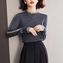 넷투넷코리아 여성 라운드넥 루즈핏 단색 레이스 니트 티셔츠 기본