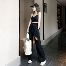 간지나는댄스걸 방송댄스복 힙한팬츠녹색 땀 스포츠 바지 여성 찢어진 트렌드 스트레이트 와이드 레그 폭