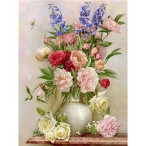 올레보 액자 캔버스형보석십자수 Diy세트 라운드 비즈 핫 제품 꽃 30 X 40 cm, 1세트, G1435.올레보 꽃병 속의 꽃