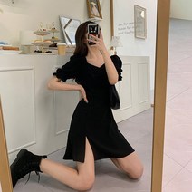 KST 080712 여성 원피스 미니 블랙 원피스 라운드넥 반팔 치마