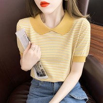 스타일아유 여성 여름 비스코스 시원한 단가라 줄무늬 배색 카라 브이넥 슬림 스트라이프 반팔 니트 티셔츠