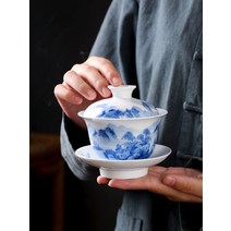 민간예인 산수청화자 찻잔 보이차 다기, 01.흰색 풍경 덮힌 그릇