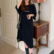 마트갈때편한옷 라운드 꾸안꾸루즈핏원피스 배색소매원피스 임부복원피스 이지캐주얼원피스 집에서입는옷