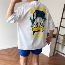 오리 낙서 프린팅 오버핏 분또 옆 트임 네온 형광 반팔 티셔츠 3color