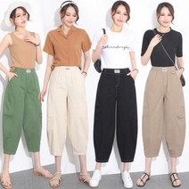 실버캣 여성 빅사이즈 밴딩 중앙 레터링 패치 민무늬 9부 와이드 배기 바지