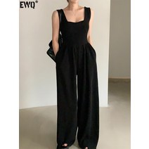 신도시룩 점프수트 여성용 탑 스플라이싱 하이 웨이스트 와이드 레그 민소매 포켓 여름 타이드
