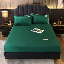3pcs 세트 여름 시원한 얼음 실크 매트리스 커버 솔리드 컬러 침대 장착 시트 부드럽고 좋은 손 느낌 침대 커버 베갯잇, 짙은 녹색, 3pcs 디자인 180x200