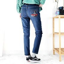103st 여성 융 기모 본딩 겨울 청바지 밴딩 스판 캐릭터 자수 데님 팬츠