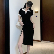 사이드라인 셔링주름 원피스 포인트 카라넥 롱원피스 반팔 미니원피스 그레이 차콜 블랙