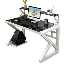 HK SHIDE 컴퓨터 책상 책장 포함 e스포츠 가정용 수납 강화 유리 책상 사무용 테이블, 블랙+화이트