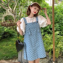 DFMEI 하트 데님 멜빵 원피스 여성복 여름 디자인 첫사랑 쇼트치마