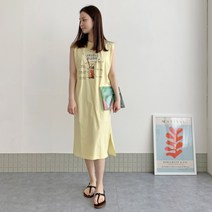 바나나쵸코 순면 나시 민소매 나염 프린트 원피스 연노랑 색상