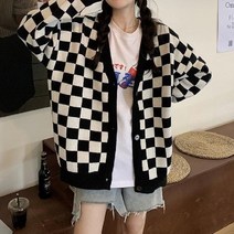 Deeptown 여성용 체크 무늬 가디건 스웨터 한국 스타일 오버사이즈 빈티지 체커보드 니트 재킷 패션 긴팔 점퍼