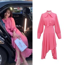 여성 롱 원피스 Han Shanhua 스타와 같은 스타일 핑크 쉬폰 드레스 Jinghong Skirt 여성용 새로운 긴 슬리