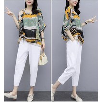 여성 쿨링 원단 쉬폰 블라우스 반팔 티셔츠 와이드 팬츠 세트 심플 편한 여름 데일리투피스 세트 M-4XL