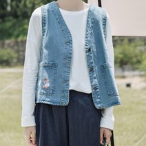 여성 민소매 데님 조끼 배자 브이넥 빈티지 청조끼 나시외투 루즈핏 데일리복