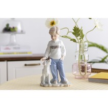 빈티지무드 화이트 강아지와 니트입은 소년 야드로 도자기 장식품 피겨린 세라믹 장식 인형