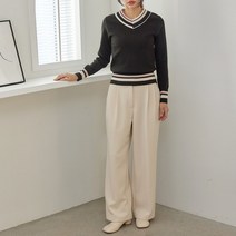 코지23 여자 프레피룩 3단 배색 줄무늬 브이넥 크롭 니트