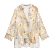 유럽풍 2023 여름 여성복 빈티지 루즈핏 언밸런스 날염 셔츠 2474/010 2474010