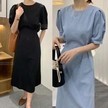 린넨 반팔 롱 원피스 백 리본 러블리 퍼프 소매 여름