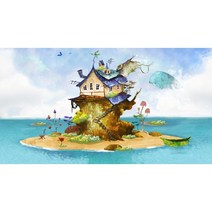 Bj 그림벽지 AT269698 일러스트 외딴 섬 집 뮤럴벽지 (120x85cm), 접착UV코팅시트지(유리용)