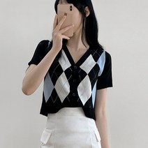반해써 데일리추천 다이아몬드 니트 브이넥 아가일 반팔 가디건 T_YW1085
