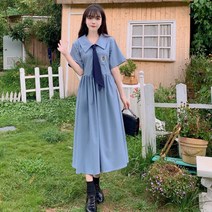 DFMEI 원피스 여 여름 반팔 셔츠 스커트 허리 여밈 a라인 롱스커트