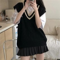 손뜨개조끼 오버핏 롱 크롭 니트조끼 Preppy 스타일 니트 풀오버 스웨터 여성 조끼 캐주얼 기본 v-넥 민소매 봄 가을 블랙 살구