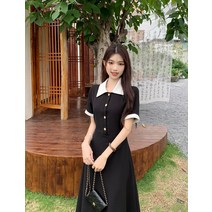 빅사이즈 여성복 프렌치 고급스러움 슬림핏 헵번풍 골프웨어 테니스넥 원피스 여성스러운 롱스커트