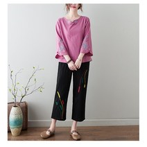 빅사이즈투피스 여성의류 에스닉 무드 자수 면 린넨세트 뚱뚱함 이쁜이 봄옷 a blouse with 4469025540