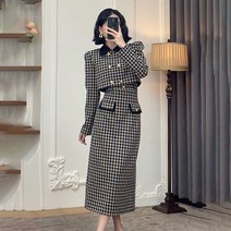 프렌치 빈티지 체크 세트 여성 봄가을 플라워자켓+원피스 투피스 FC4138