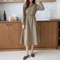 나일론 스트링 퍼프 유넥 긴팔 맥시원피스 (3color)