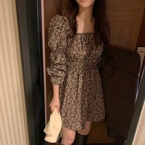 동남아원피스 하와이 원피스 발리 베트남 휴양지룩 동남아 여행룩 괌 다낭 해외여행룩 여름옷 Ppshd-레트로 우아하고 스퀘어 칼라 허리 포옹 슬리밍 꽃 드레스 여성용 퍼프 슬리브 초