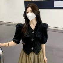 여성 블랙 캐주얼 정장 퍼프 반팔 슬리브 어깨뽕 자켓 브이넥 셔츠 여름 숏 블라우스 SH