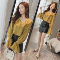 F11782/봄신상/너플장식 도트무늬 공주풍 V넥블라우스