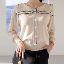 스타일온미 진주단추 빅카라넥 쉬폰소매 니트 블라우스