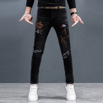 도오빠 토이쿠진 남성 청바지 데님 팬츠 슬림핏 블랙진 자수 패치 긴바지 스트레이트 스판 워싱 남자청바지