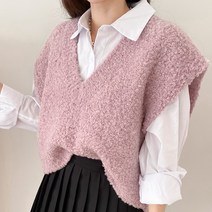 아모르데이 여성용 뽀글브이조끼 크롭 알파카 울 브이넥 루즈핏 베스트 조끼