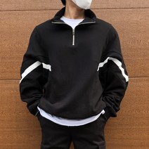 이룰 [당일출고]블랙 모던 봄 가을 라인 배색 반집업 남자 카라 박시 오버핏 맨투맨