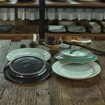 김학영도자기 아끼다 라인접시(대) 파스타 디저트 스테이크 홈파티 플레이팅 그릇, 화이트 머스타드