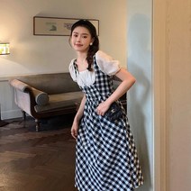 마카다 마카판다 소녀감성 복고풍 스퀘어 컬러 체크 무늬 원피스 1056
