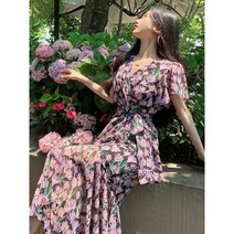 빅사이즈 여름 원피스 쉬폰 휴양지 장미 꽃 패턴 로즈 시원한 롱원피스