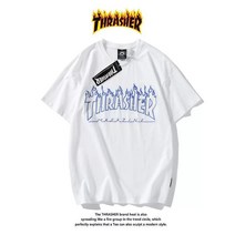 Thrasher T-shirt 트레셔 플레임 로고 여름철 순면 반팔 청색 불길-백색