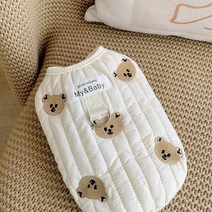 까마느 강아지 곰돌이 자수 패딩 조끼 하네스 대형 소형 히트텍 기모 실내복 점퍼, 아이보리 L