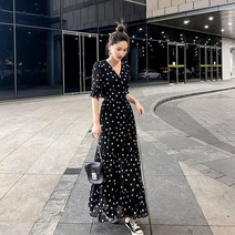 빅사이즈 봄 여름 브이넥 도트무늬 허리밴딩 쉬폰원피스 (S~3XL)